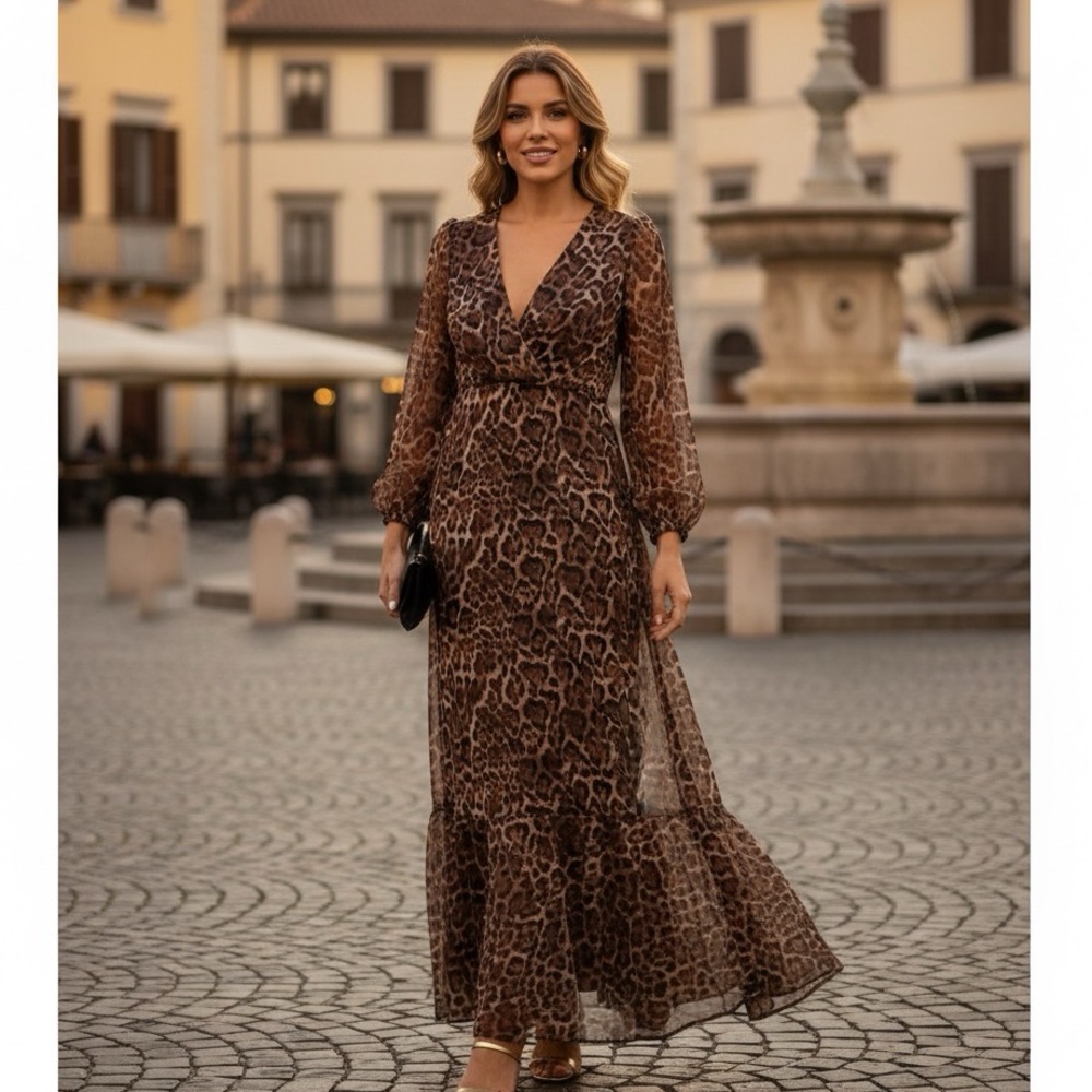 Iorane Sz S Leaopard Print Flowy Long Sleeves Bohemian Maxi Dress